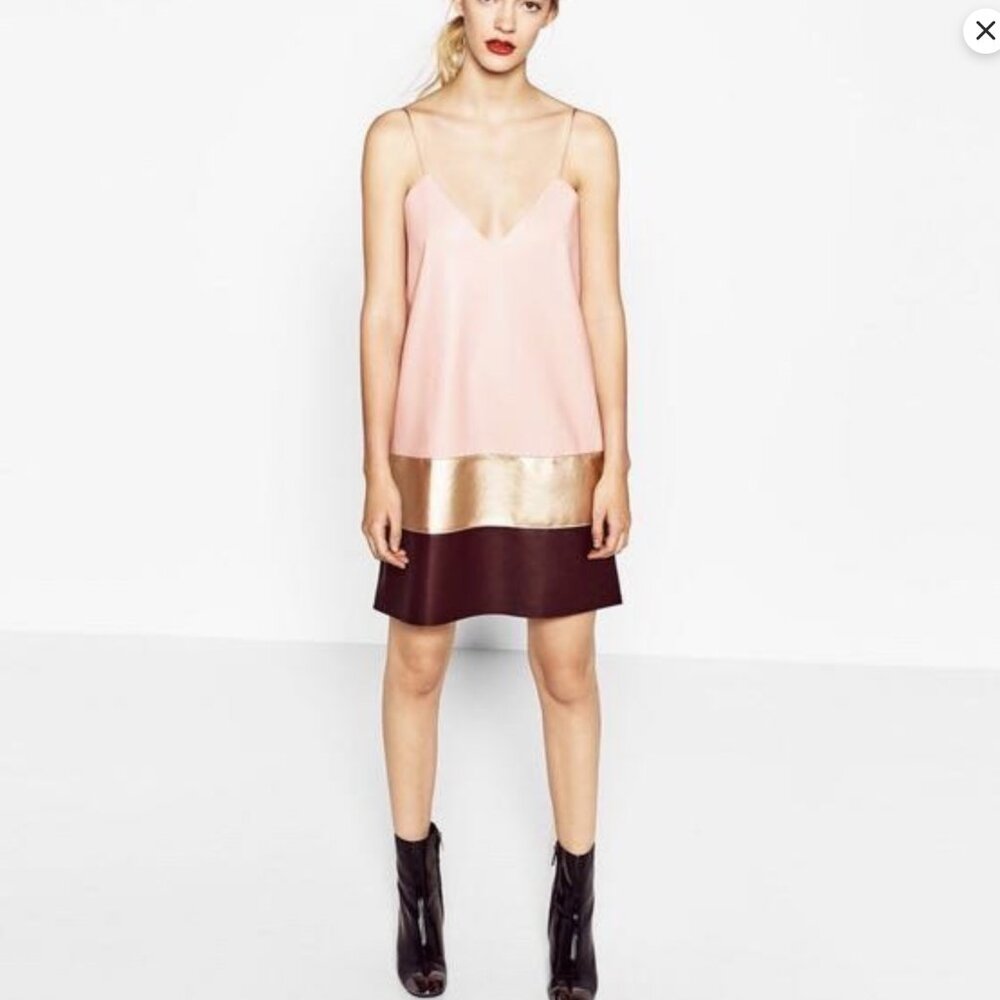 Zara Faux Leather Color Block Mini Dress | Size Large | Like New
